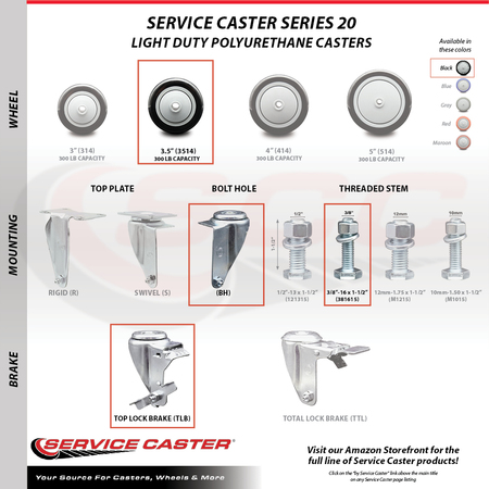 Service Caster 3.5 Inch SS Black Polyurethane Swivel 3/8 Inch Threaded Stem Caster Brakes, 2PK SSTS20S3514-PPUB-BLK-TLB-381615-2-S2